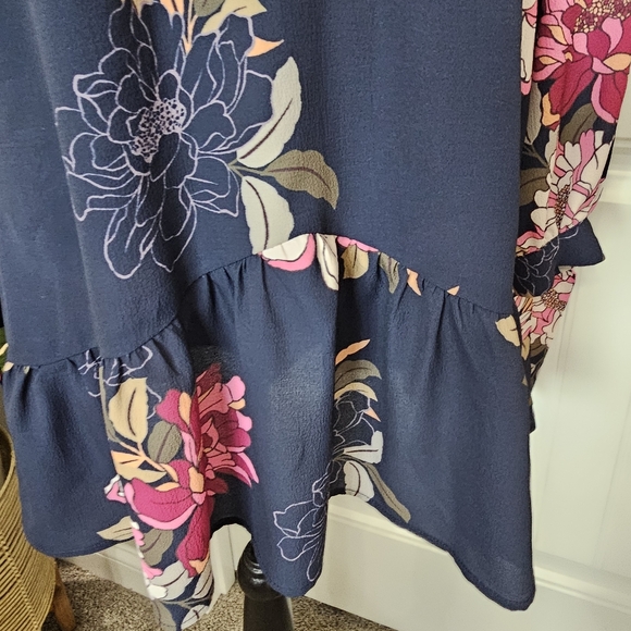 Umgee Navy Floral Mini Dress, Ruffled Hem, Tie Sleeves, Size Small - Picture 6 of 16